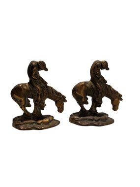 Vintage "End Of The Trail" Bookends Bronze Finish Native American Horse Sculptur